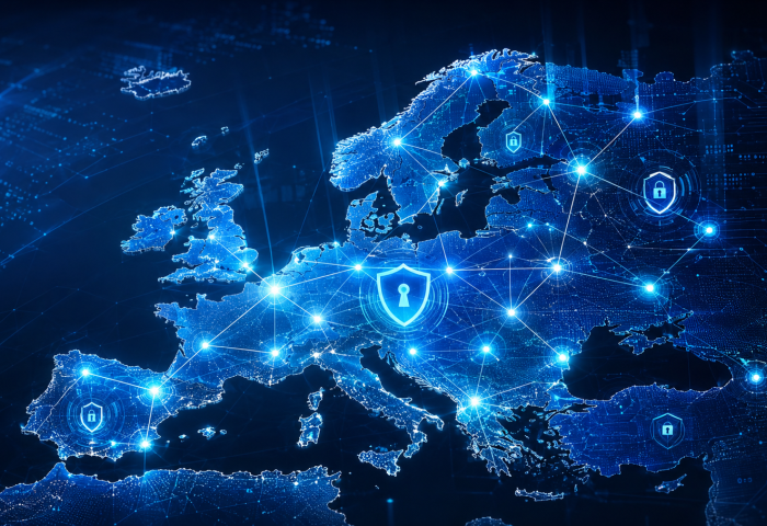 Mappa dell'Europa con nodi di rete connessi che simboleggiano sovranità digitale e cybersecurity europea