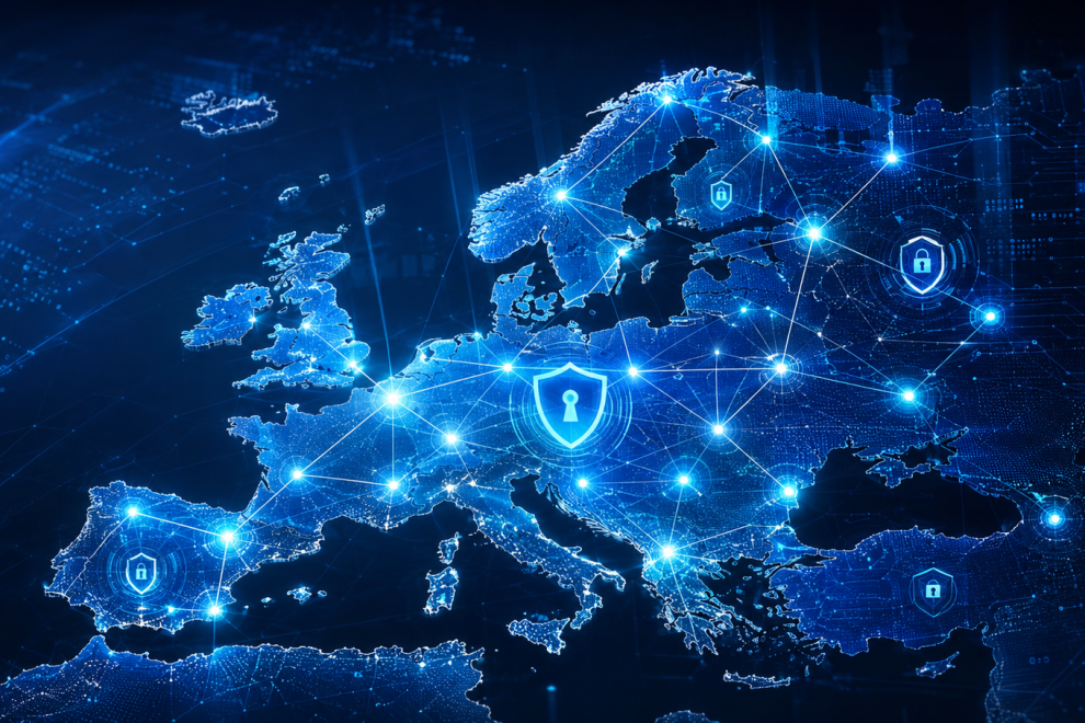 Mappa dell'Europa con nodi di rete connessi che simboleggiano sovranità digitale e cybersecurity europea